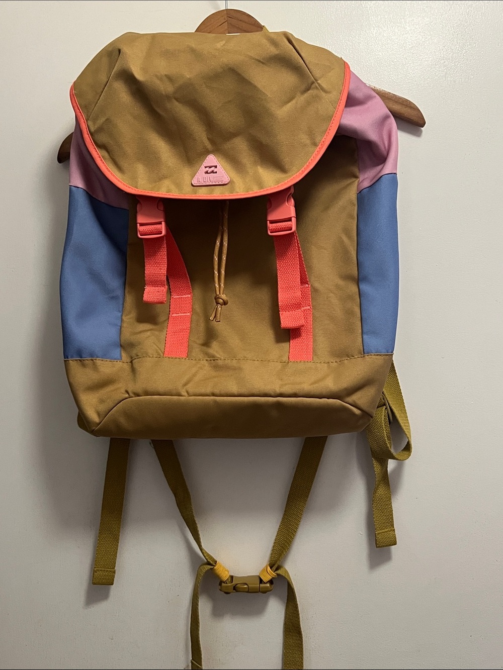 Billabong Multicolor Canvas Travel Backpack - Tan, Blue & Pink Accents
